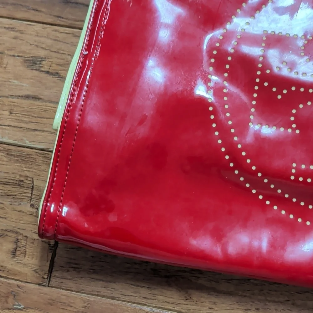 Tory Burch Ella Patent Red Yellow Perforated Tote Bag NEEDS WORK